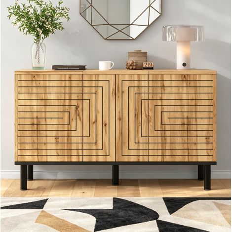 Aparador 120 x 35 x 68 cm con 3 puertas, efecto madera, con sistema push-open, DESVIAE (1/5)