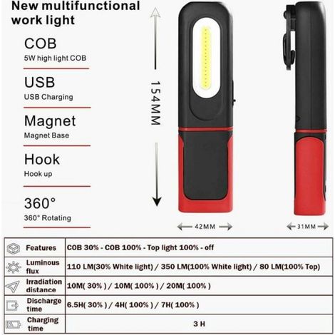 Lampe de travail LED rechargeable - - Rotation à 360 degrés - 5W COB LED - Base magnétique - Crochet rotatif (1/4)