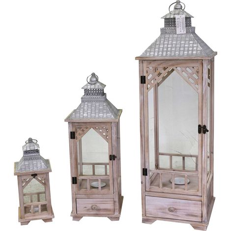 Set 3 Lanterne in Legno in Metallo naturale quadro