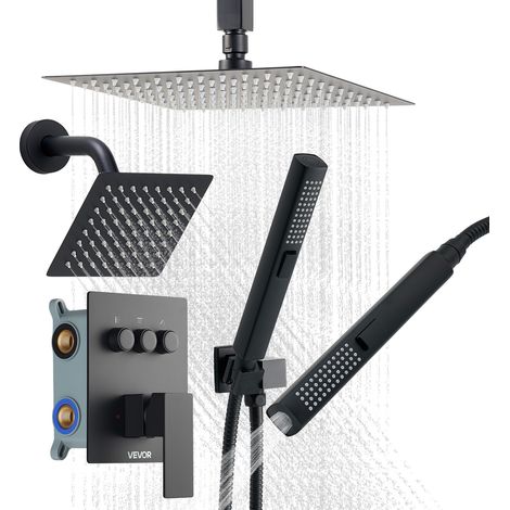 VEVOR Set Doccia con Sistema Doccia a Pioggia da 254 mm, Soffione a Parete, Doccetta, Soffione a Pioggia Doppio Girevole, 3 Funzioni, Kit di Finitura e Valvola in Ottone, Nero Opaco
