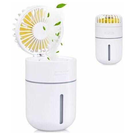 400ml Mini Humidificateur d'air avec Ventilateur, USB Rechargeable Portable Fan Climatiseur Purificateur Super Mute Night lumière 2 Mode de Brume Fraîche, 7 Couleurs LED(Blanc)