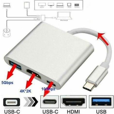 Câble adaptateur HDMI - - 4K - 3 en 1 - USB Type C - Noir (1/4)