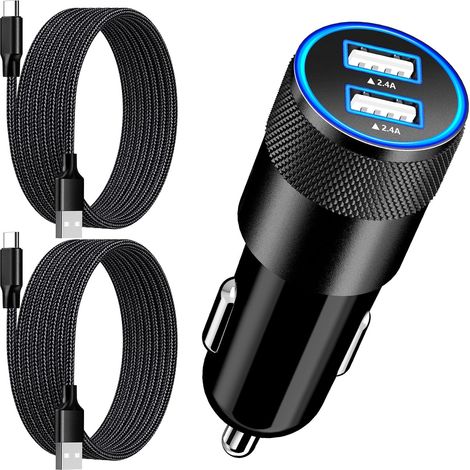 Allume Cigare USB C, 4.8A Double USB Charge Rapide Chargeur Voiture, Prise Allume Cigare 12V Avec 2Pack Câble Type-C Tissé Pour 17/17 Pro/16/15/26/25 (1/5)