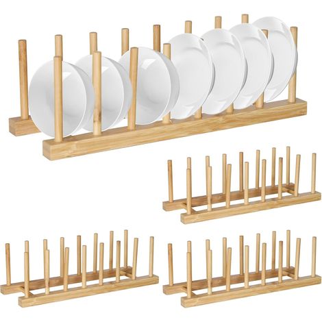 Lot de 4 supports de drainage, porte-assiettes en bois, petit design à 7 compartiments, étagère de cuisine pour assiettes, vaisselle, livres, CD, planches à découper et couvercle de casserole (1/5)