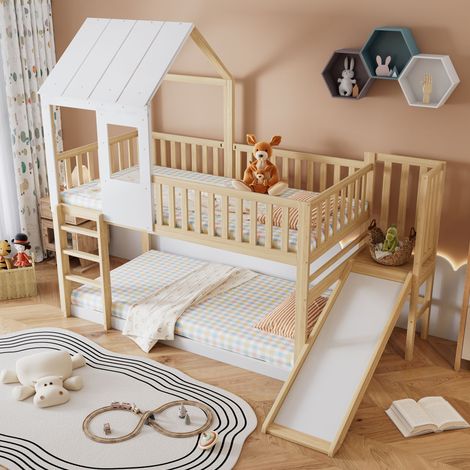 Lit superposé avec échelle à angle droit et toboggan, lit cabane avec toit et fenêtre, lit enfant avec protection antichute et barrière de sécurité, cadre en pin, naturel + blanc (90x200cm) (1/5)