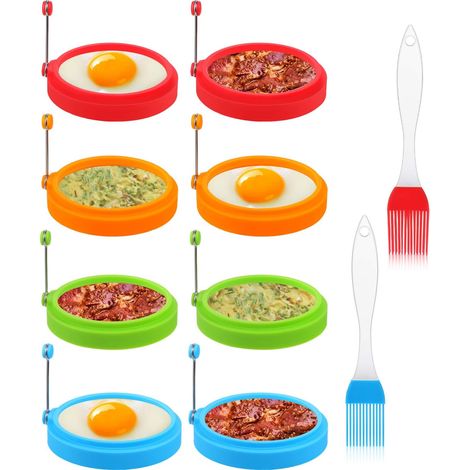 Anneaux À Oeufs En Silicone - 10,2 Cm - Résistant À La Chaleur Jusqu'à 230 °C - Pour Oeufs, Crêpes, Sandwichs - Lot De 8 Avec 2 Brosses En Silicone (1/5)