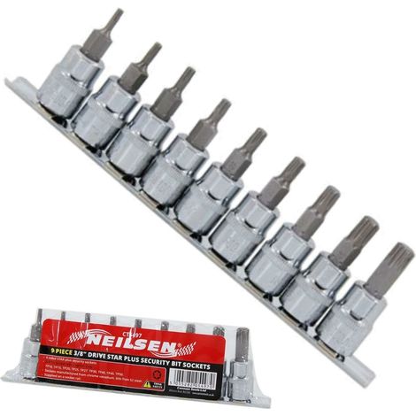 Neilsen 9pc 6 Sided Star Plus Security Bit Sockets 3/8" Drive Hex Set TP10-TP50