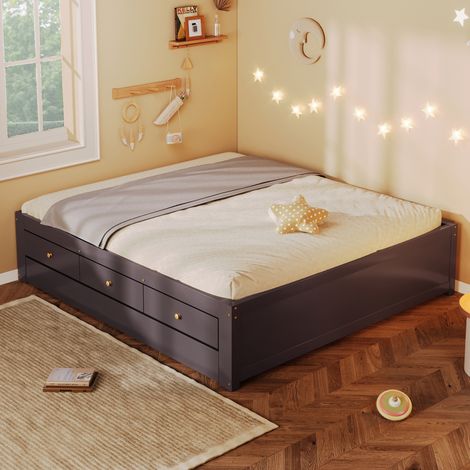 Lit banquette - 140x200 cm - tiroirs de rangement - lit gigogne - bois et mdf - gain de place - rangement fonctionnel - brun café (1/5)