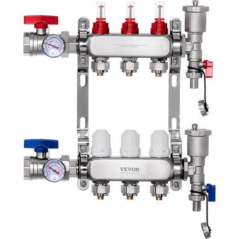 Collecteur de Chauffage Radiant 3 Branches, Kit Collecteur Tubes PEX 1,27 cm en Acier Inoxydable, avec Adaptateurs 1,27 cm, Accessoires de Montage, pour Chaleur Radiante Hydronique par le Sol (1/5)