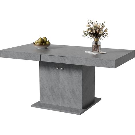 Table à manger extensible avec rangement, effet béton gris, 140 à 180 cm, pour 4 à 8 personnes, plateau coulissant automatique, en panneaux de particules et métal  CHICFURN (1/5)