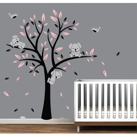 pair Koala Arbre Enfant Arbres en pépinière mur autocollants pour bébé mignon oiseaux koalas mur art Décoration de Chambre Bébé (Black,Pink)-Fei Yu (1/5)