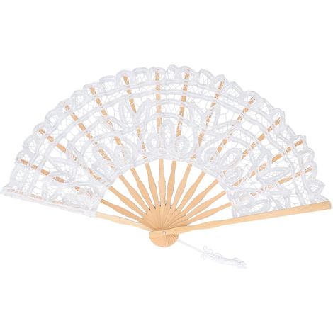 Ventaglio pieghevole in bambù e pizzo, stile vintage, con nappa, ideale per abbigliamento sportivo e decorativo (bianco).