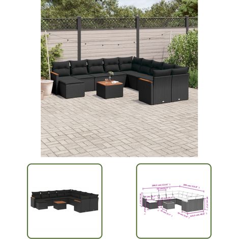 The Living Store 12-tlg. Garten-Sofagarnitur mit Kissen Schwarz Poly Rattan - Gartenmöbel Set - Esszimmergarnitur - Outdoor Möbel - Rattan Sofa - Lounge Garnitur (1/3)