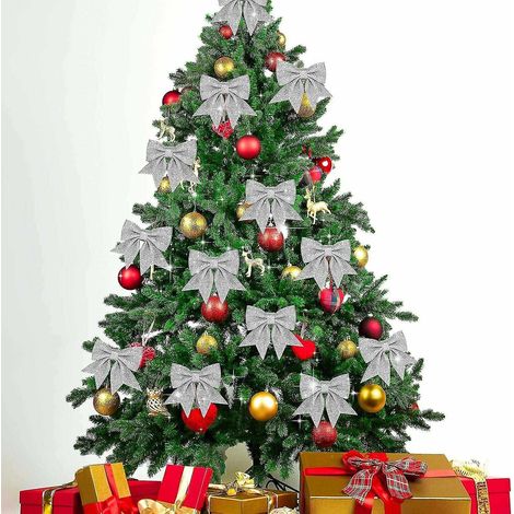 Lot de 12 nœuds décoratifs de Noël de 14 cm (5,5 pouces), couronnes argentées, petits nœuds pour sapin, nœuds papillon à paillettes (1/3)