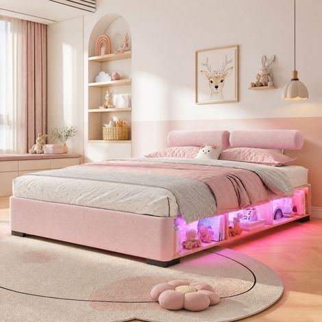 Letto imbottito rosa 140x200 con LED e ripiani OKMYHOME (1/5)