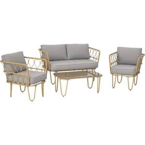Ensemble salon de jardin canapé 2 places + 2 fauteuils + 1 table basse plateau verre trempé 7 coussins gris (1/5)