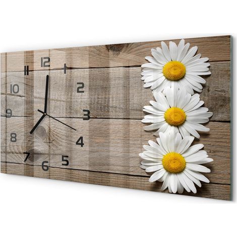 Horloge Murale Design Original 60x30 cm Verre Trempé Silencieuse Salon Marguerite sur bois (1/5)