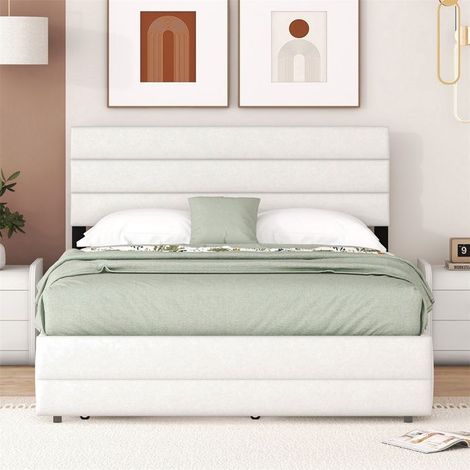 Lit plateforme 140 x 200 cm beige 2 places avec rangement et 2 tiroirs – lin + MDF, sommier inclus (sans matelas) (1/5)