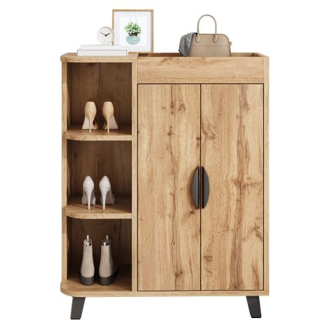 Armoire à chaussures étroite avec 2 portes + compartiments ouverts, style bois, multifonctionnelle pour entrée, compacte idéale pour petits espaces – avec étagère supérieure de rangement (1/5)