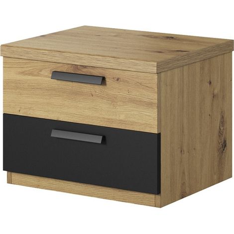 Comodino con due cassetti, collezione FOX. Colori rovere chiaro e nero.
