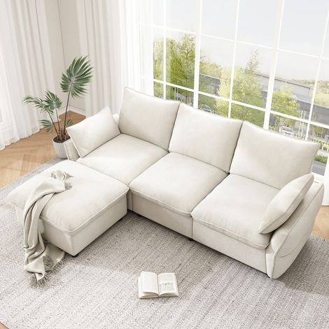 Canapé d’angle modulable 3 places 222,5x154,5x76,5 cm avec pouf mobile, 2 coussins, assise large en mousse haute résilience, chenille, Beige (1/5)