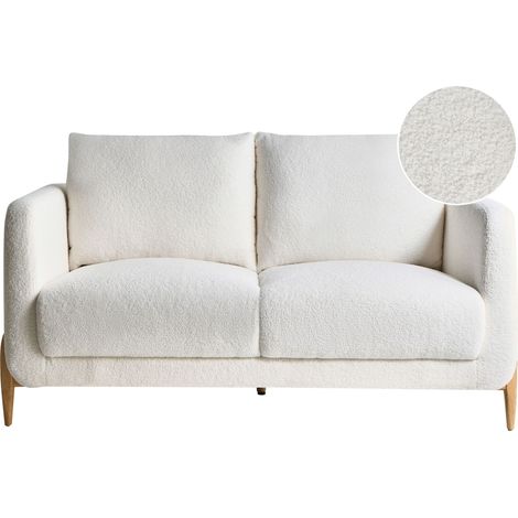 Canapé Moderne Scandinave en Bouclé 2 Places avec Accoudoirs Pieds en Bois Meuble de Salon Blanc Gimo