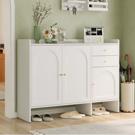 Schuhschrank aus MDF und Spanplatte, Weiß, 3 Türen, 2 Schubladen, verstellbare Einlegeböden, 120 x 35 x 90 cm (1/5)
