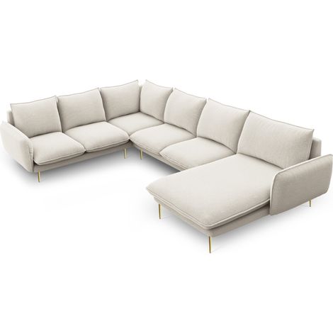 Canapé d'angle panoramique 7 places tissu structurel beige clair (1/5)