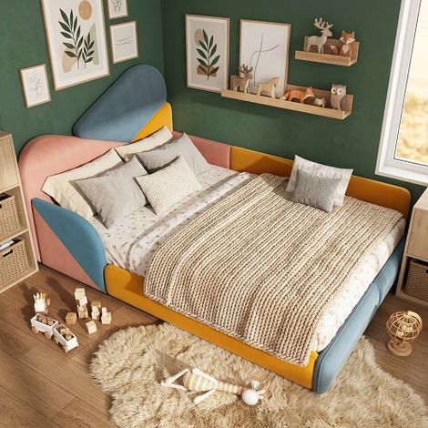 Letto imbottito per bambini 140x200 cm, letto singolo multicolore con sponde di protezione rialzate, letto morbido da pavimento con testiera imbottita e protezione anticaduta per la cameretta dei bamb (1/5)