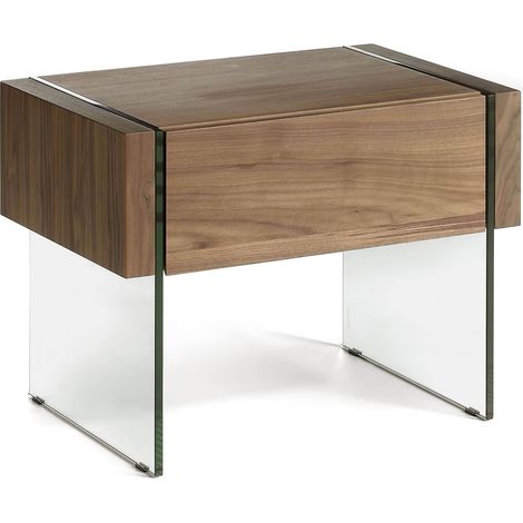 Table de chevet bois côtés en verre trempé 1 tiroir système push et fermeture souple - Noyer, transparent (1/4)