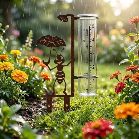 Piquet de jardin avec pluviomètre fourmi décoratif, mesure de pluie en verre pour pelouse et extérieur (1/5)