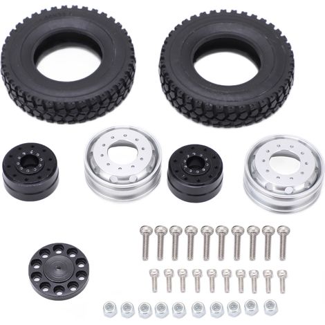 2 Pièces Moyeu de Roue Avant en Métal avec Pneus en Caoutchouc pour Camion Remorque Tamiya 1/14 RC - Noir