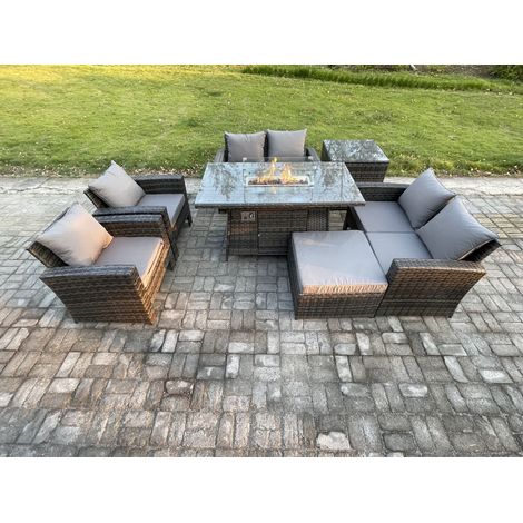 Fimous Wicker PE Rattan Garden Furniture Sets 7 Seater Patio Outdoor Gas Firepit Dining Table Heater Set with Double Seat Sofa Side Table Big Footstool Dark Grey Mixed (1/5)
