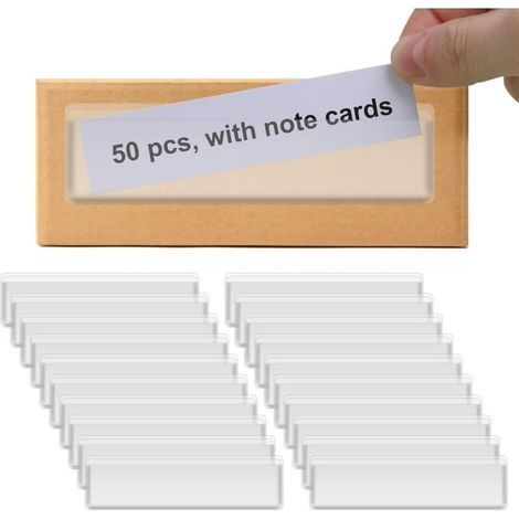 50 Pack Clear Plastic Storage Bin Labels with Name Badge Inserts and Drawer and Shelf Organizers (1/5)