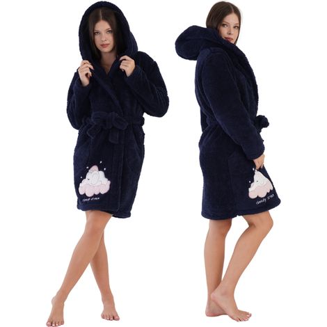 Damen-Plüschbademantel mit Kapuze und Taschen, Größe M, bequem, zum Binden, warm (1/5)