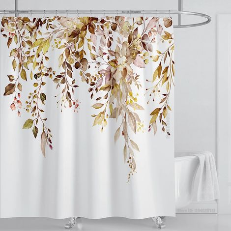 Filiyano-Rideau de douche en eucalyptus vert émeraude, motif de feuilles entrelacées et fleurs, avec crochets, L 150 x H 180 cm
