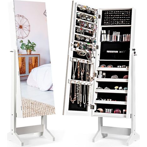 COSTWAY Armadietto Portagioie Specchiera per Gioielli, Armadio per Gioielli 2 in 1 con Grande Capacità, 4 Angoli Regolabili, 41 x 36,5 x 146 cm (Bianco) (1/5)
