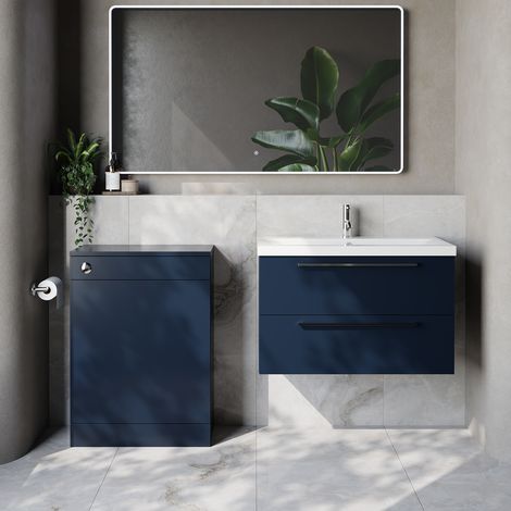 Napoli 390 Cento Deep Blue 1400mm Wall Mounted 2 Drawer Vanity Unit and Toilet Suite with Glide Basin - 1400mm - Chrome 480mm HandleWithout Kingston Toilet Pan