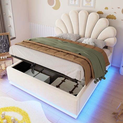 Cama con almacenaje 140x200 cm con LED, cabecero floral, terciopelo beige OKMYHOME (1/5)