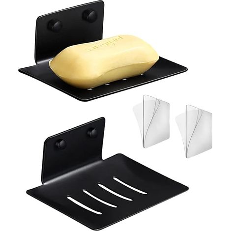 Porte-savon mural, lot de 2 porte-savons en acier inoxydable sans perçage, porte-savon de douche en papier autocollant (noir) (1/5)