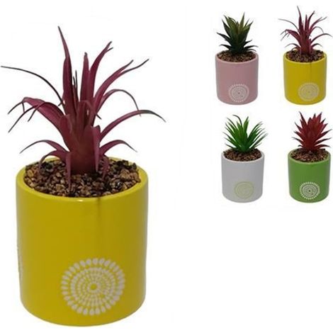 TRADE SHOP - Vaso Tondo Decoro Geometrico Floreale In Ceramica Con Piantina Grassa In 4 Colori 619384 - (1/3)