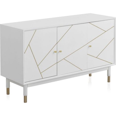 Buffet blanc laqué portes décor doré style contemporain - blanc brillant et doré élégant (1/5)