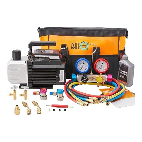 Air Conditioning Vacuum Pump and 4 Way Car Air Conditioning Refill Kit, Ideal for R32 R134A R410A (1/5)