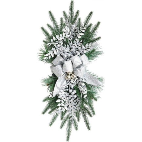 22" Artificial Teardrop Christmas Garland with Large Printed Bow, Christmas Baubles, Rose, Snow, Frosted Branches, Stair Wreath for Indoor Decoration C (1/5)