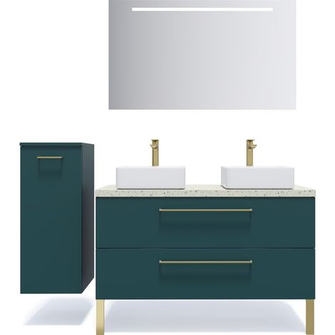 Meuble de salle de bain suspendu 2 vasques à poser 120cm 2 tiroirs Bleu + miroir + colonne ouverture gauche - Glasgow (1/5)
