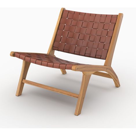 Sillón Kuna de teca y cuero tejido marrón (1/4)