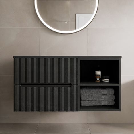 1000mm Bathroom Vanity Unit Black Countertop Wall Hung Fluted Black Unit (1/5)