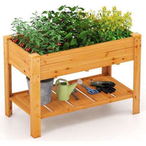 Fioriera rialzata in legno con drenaggio Hole, Aiuola con Gambe e Ripiano, Contenitore per la Coltivazione di Fiori e Verdure (Marrone) (1/5)