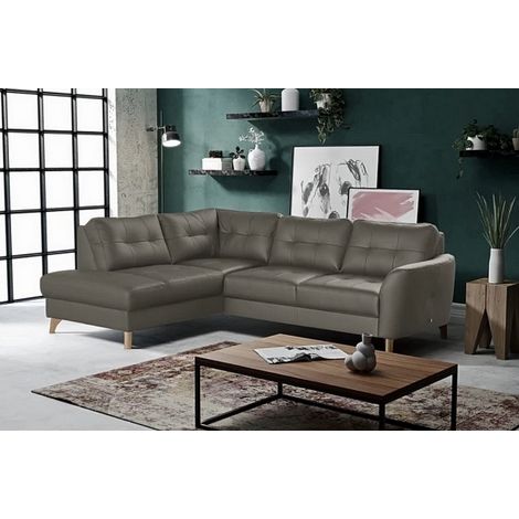- Canapé d'angle convertible en cuir italien de luxe 5 places NORIA avec coffre, gris foncé, angle gauche (1/5)
