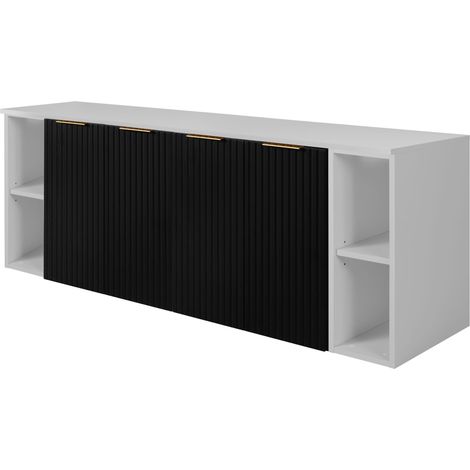 Furnidea - Meuble sous vasque suspendu FLOW NOIR 160 cm avec 2 x l'étagères - extensions et plan BLANC - 4 portes - façades rainurées (1/5)